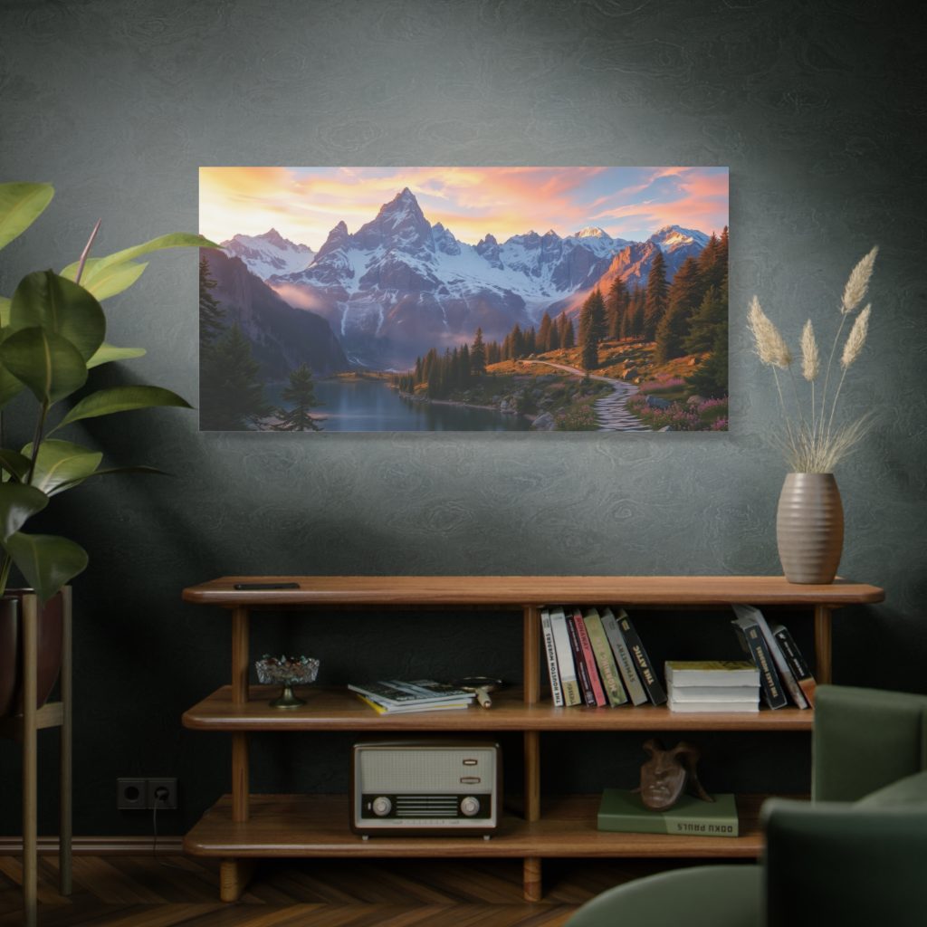 Home Framed mountain landscape painting on a wall above a shelf