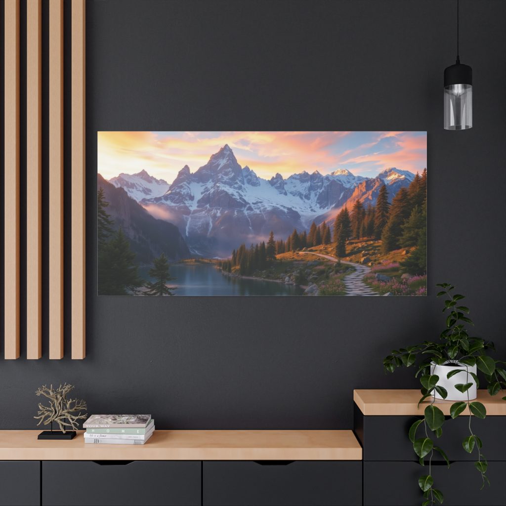 Home Mountain landscape artwork on a wall in a modern living room with console table, plants and sunset painting