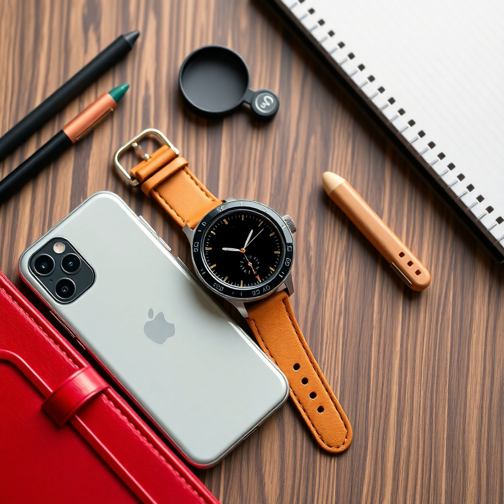 Home Smartphone, watch and accessories on a wooden desk