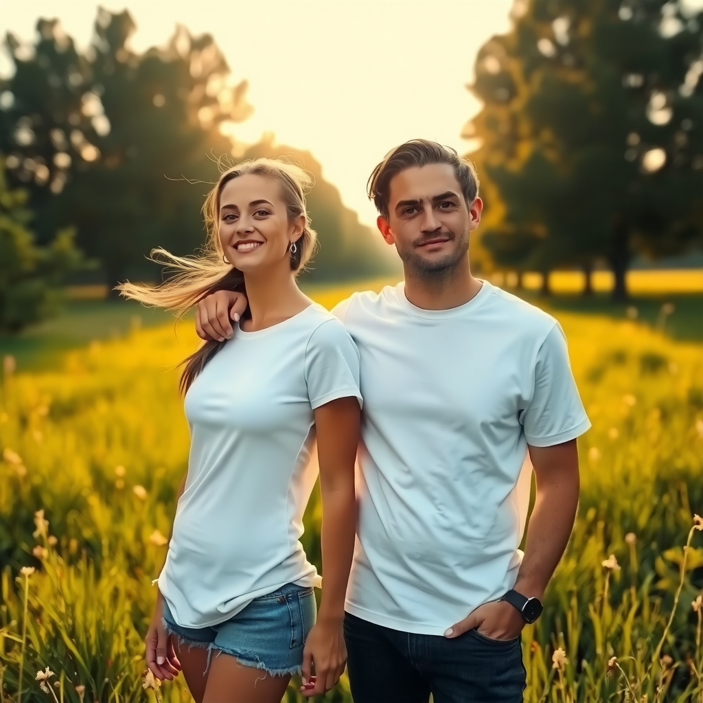 Home Smiling young couple standing together outdoors in a sunny park