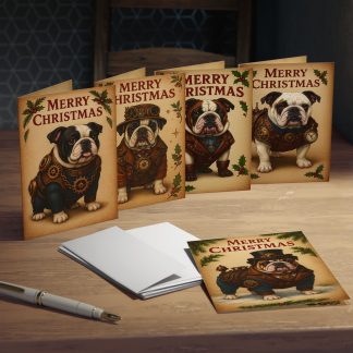 Home Steampunk Bulldog Merry Christmas Greeting Cards Pack 1