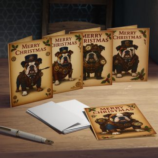 Home Steampunk Bulldog Merry Christmas Greeting Cards Pack 2 | Vintage Holiday Card Set